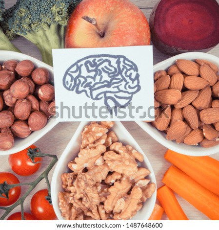 Vintage photo, Drawing of brain and best food for health and good memory, concept of healthy eating