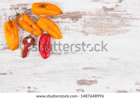 Old wrinkled moldy peppers on old rustic board, concept of unhealthy and disgusting vegetable. Place fo text Royalty-Free Stock Photo #1487648996