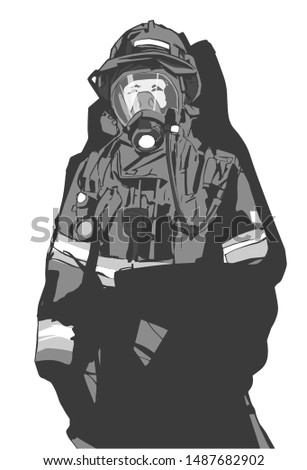 Stylized illustration print design of fire fighter in protective gear