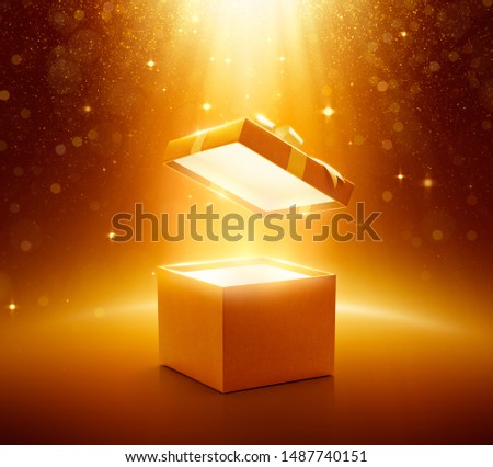 Gold open gift box on glittering background Royalty-Free Stock Photo #1487740151