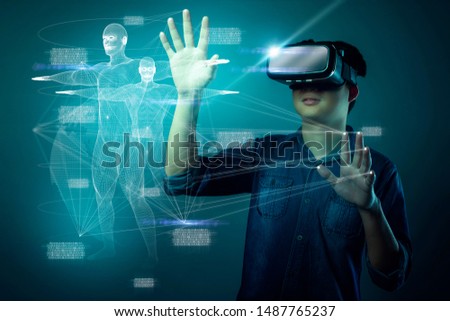smart attractive asian man vr with examine human body system health and technology ideas concept