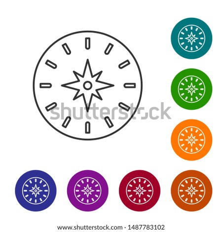 Grey line Compass icon isolated on white background. Windrose navigation symbol. Wind rose sign. Set icons in color circle buttons. Vector Illustration