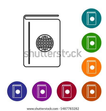 Grey line Cover book travel guide icon isolated on white background. Set icons in color circle buttons. Vector Illustration