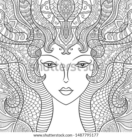 Beautiful fashion woman, girl with abstract long hair. Hand drawn face. Zen-doodle art, tattoo design, black and white illustration. Freehand sketch drawing for adult anti stress coloring book page