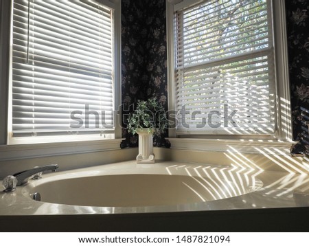 Luxury corner style classic bathtub in the morning with blind slightly open