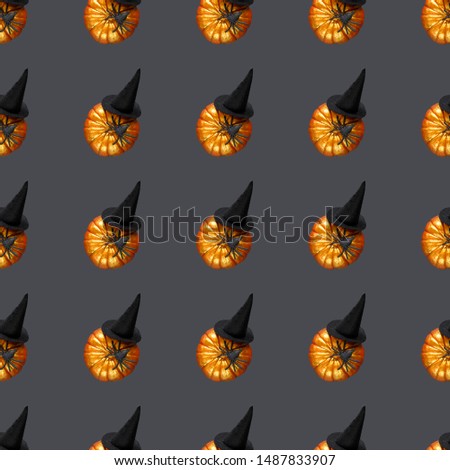 Abstract halloween seamless pattern for girls or boys. Creative template with golden pumpkins in a hat. Cool ghostly wallpaper for textile and fabric. Halloween fashion colorful vibrant picture