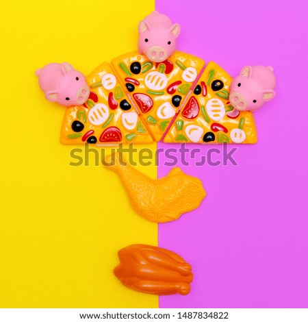 Toy junk food on colored background. Fast food flat lay art