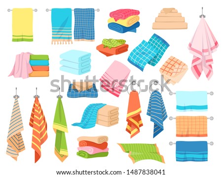 Bath towel. Hand kitchen towels, textile cloth for spa, beach, shower fabric rolls lying in stack. Cartoon vector hygiene objects clothing softness blanket hanging handkerchief set Royalty-Free Stock Photo #1487838041