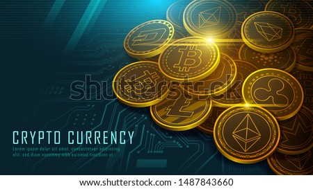 Pile of ten famous cryptocurrency coins artwork on circuit board with texts , Vector illustrator Royalty-Free Stock Photo #1487843660