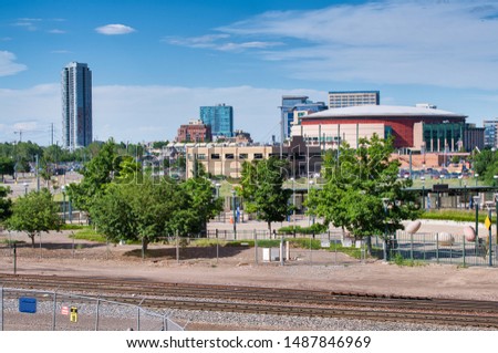 Skyline of Denver, Colorado. View from city road.