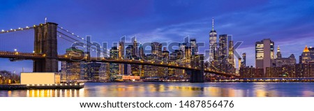 Panorama Brooklyn bridge with Lower Manhattan skyscrapers bulding for New York City in New York State NY , USA