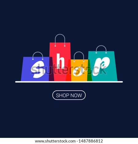 Shopping bags with shop inscription. Online shopping logo. Buy now button. Vector illustration on dark background.