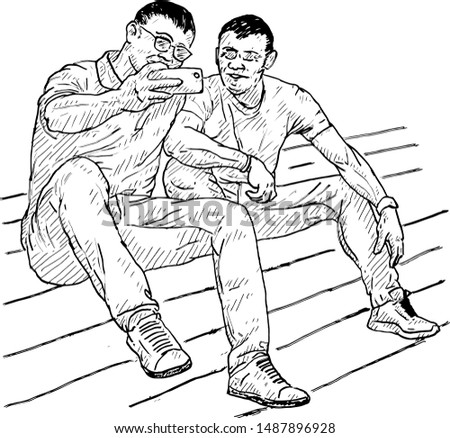 Two young man taking selfie together. Hand drawn vector illustration. 
