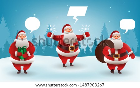 Santa Claus Christmas character set. Santa with different gestures and gifts. For Christmas cards, banners, tags and labels. Vector illustration
