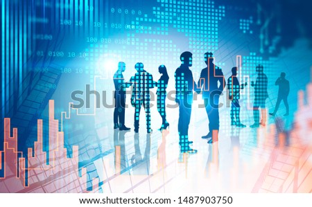Silhouettes of business team members working together in abstract city with double exposure of world map and graphs. Concept of teamwork. Toned image