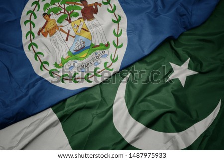 waving colorful flag of pakistan and national flag of belize. macro