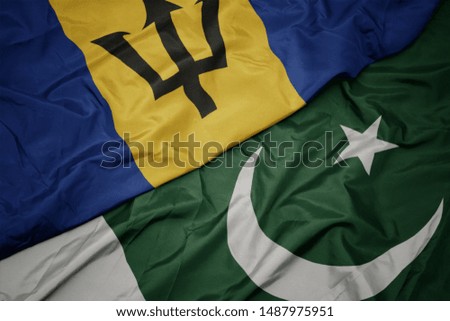 waving colorful flag of pakistan and national flag of barbados. macro