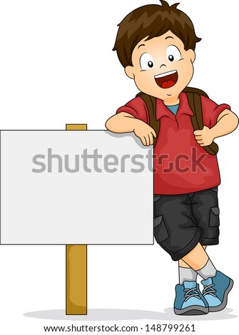Illustration of Kid Boy Leaning on Blank Signboard