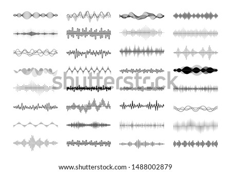 Set of waving, vibration and pulsing lines. Graphic design elements for financial monitoring, medical equipment, music app. Isolated vector illustration. Royalty-Free Stock Photo #1488002879