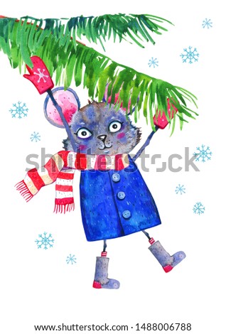 Cartoon mouse character in winter clothes hanging on a spurce branch. Hand drawn watercolor illustration on white background. 2020 Chinese New Year of  the Rat