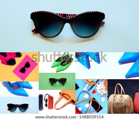 Fashion set accessories women clothes  hat sunglasses handbag gloves shoes wallet red purse parfum  money euro colorful pink blue red  green yellow sandals  background   luxury stylish abstract 