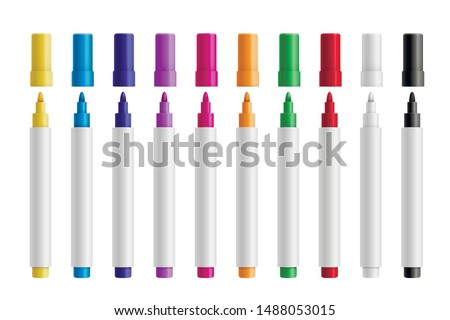 Colorful marker pens set vector realistic illustration. Children and artist pencils 3D isolated cliparts pack. Kids vivid painting tools, various color palette. Office highlighters design elements Royalty-Free Stock Photo #1488053015