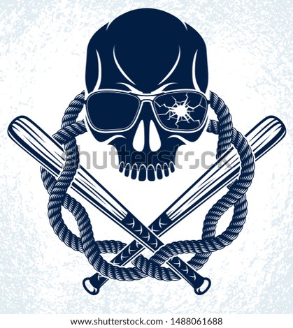 Brutal gangster emblem or logo with aggressive skull baseball bats design elements, vector anarchy crime or terrorism retro style, ghetto revolutionary.