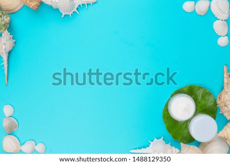 The concept of a seashell picture frame placed on a blue background.