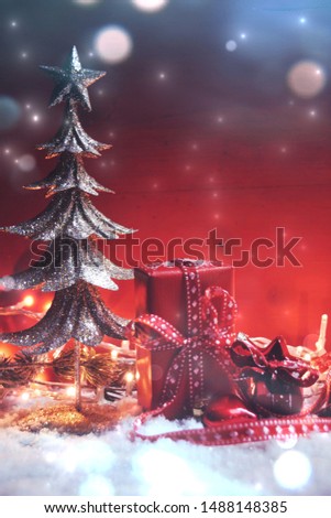 Holiday Christmas background with gift boxes and snow. Christmas card