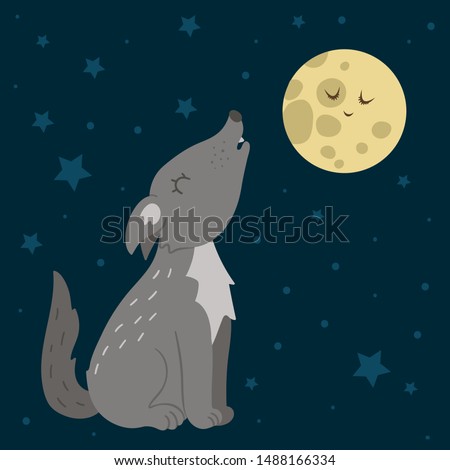 Vector hand drawn flat wolf howling at the moon. Funny night scene with woodland animal. Cute forest animalistic illustration for children’s design, print, stationery