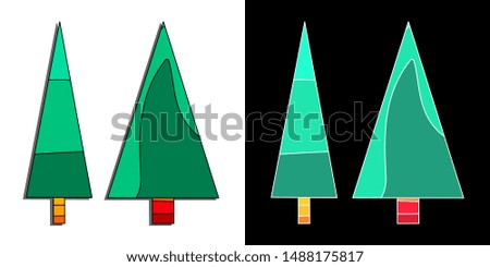 Green Xmas and New Year tree. Set 4 in 1. Single funny cartoon multicolor vector illustration for greeting cards, posters, stickers and seasonal design.