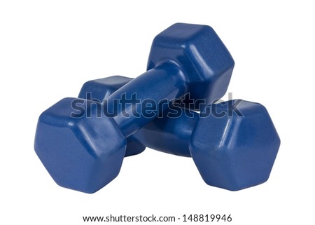 Pair of blue dumbbells isolated on white