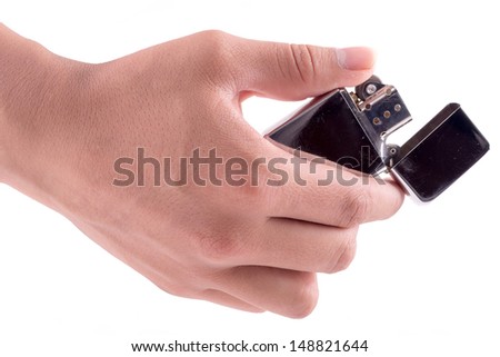 Hand hold  holding lighter, on white background