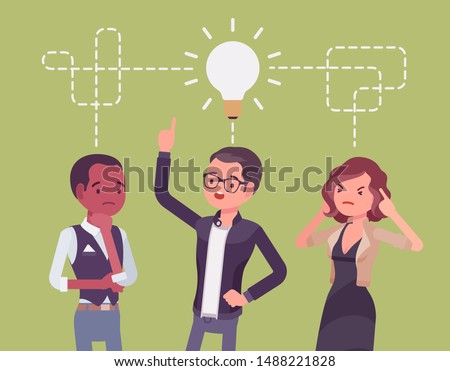 Brainstorming startup business team. Young people in a process for generating new ideas, develop creative solutions to project problem, intensive discussion. Vector flat style cartoon illustration