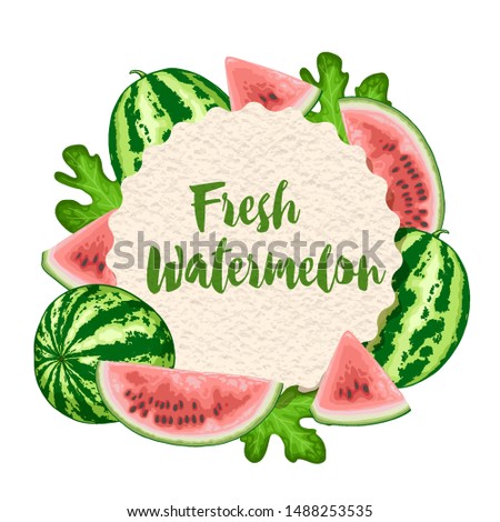 Summer tropical frame with ripe juicy watermelon. Hand drawn vector  background