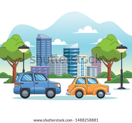 City with buildings and cars on street urban scenery cartoons ,vector illustration graphic design.