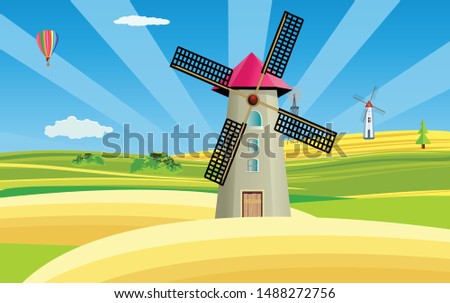 Rural summer landscape with windmill on golden fields, Vector illustration.