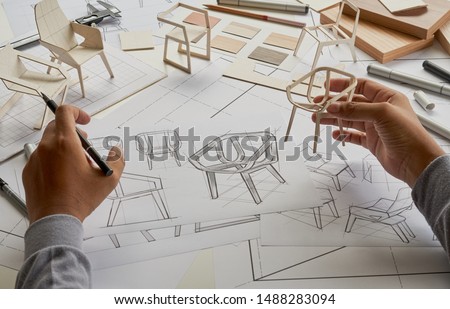 Designer sketching drawing design development product plan draft chair armchair Wingback  Interior furniture prototype manufacturing production. designer studio concept .                            Royalty-Free Stock Photo #1488283094