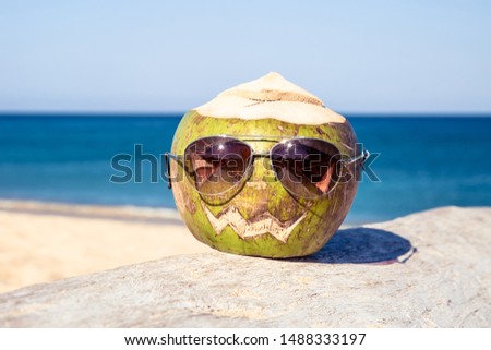Fresh green coconut in sunglasses is a symbol of Halloween. Lies on a tree with a carved face like a pumpkin. Against the background of the sky, the sea and a wide sandy beach.