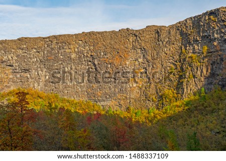 Sheer Cliffs Rise Above the Fall Colors in Asbyrgi, Iceland