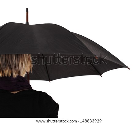 Woman with big umbrella, on white