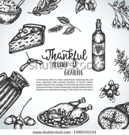 Thanksgiving day Background collection of hand drawn illustration with autumn elements, food Vintage retro style Thankful blessed grateful