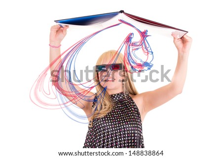 Smiling woman reading a book with 3d glasses concept