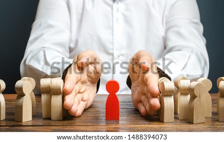 A businessman pushes a crowd of people and finds the right person. Identify disloyal, repression, dissent. toxic, non-competent worker. manages the business. Candidate for work talent. Human resources Royalty-Free Stock Photo #1488394073