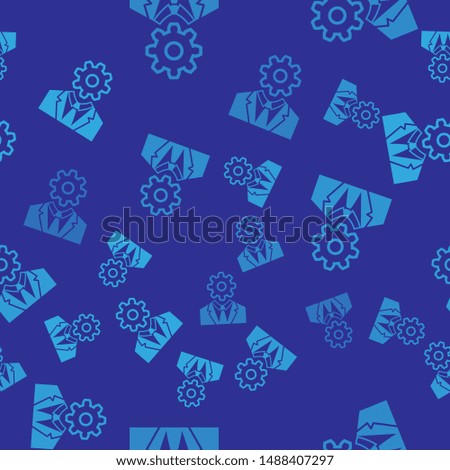 Blue Human head with gear inside icon isolated seamless pattern on blue background. Artificial intelligence. Thinking brain sign. Symbol work of brain