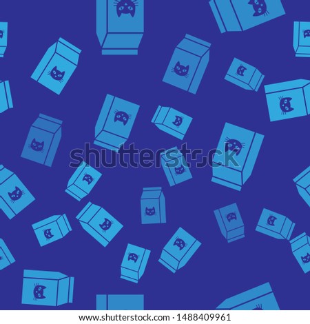 Blue Bag of food for cat icon isolated seamless pattern on blue background. Food for animals. Pet food package
