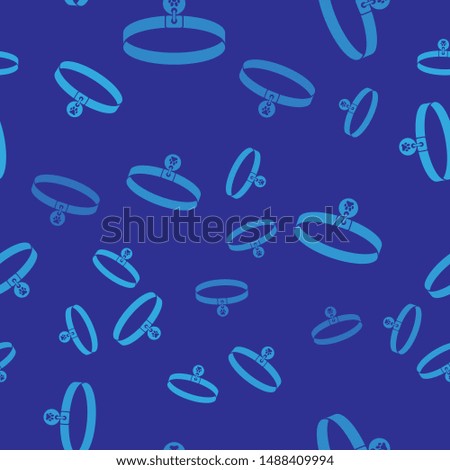 Blue Collar with name tag icon isolated seamless pattern on blue background. Supplies for domestic animal. Dog or cat paw print. Cat and dog care. Pet chains