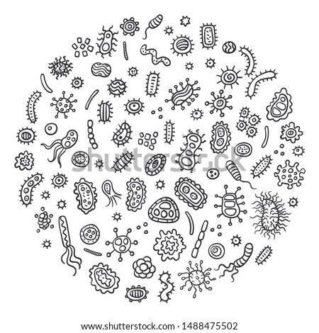 Bacterial microorganism in a circle outline. Doodle style germs, primitive organisms, micro-organisms, disease-causing objects, cell cancer, bacteria, viruses, fungi, protozoa. Germs and bacteria logo Royalty-Free Stock Photo #1488475502