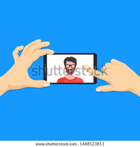 Selfie. Human hands holding smartphone with man face on screen. Photo, online chat, video call concepts. Modern flat design. Vector illustration