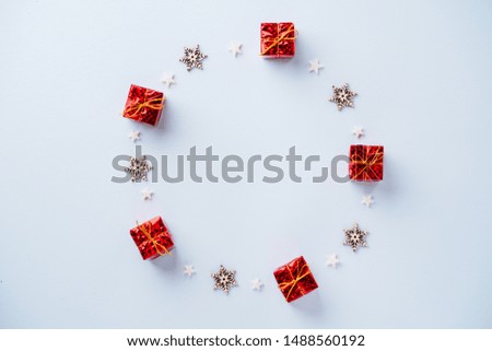 Christmas holidays ornament, festive decorations and embellishments flat lay with copy space. Christmas card background